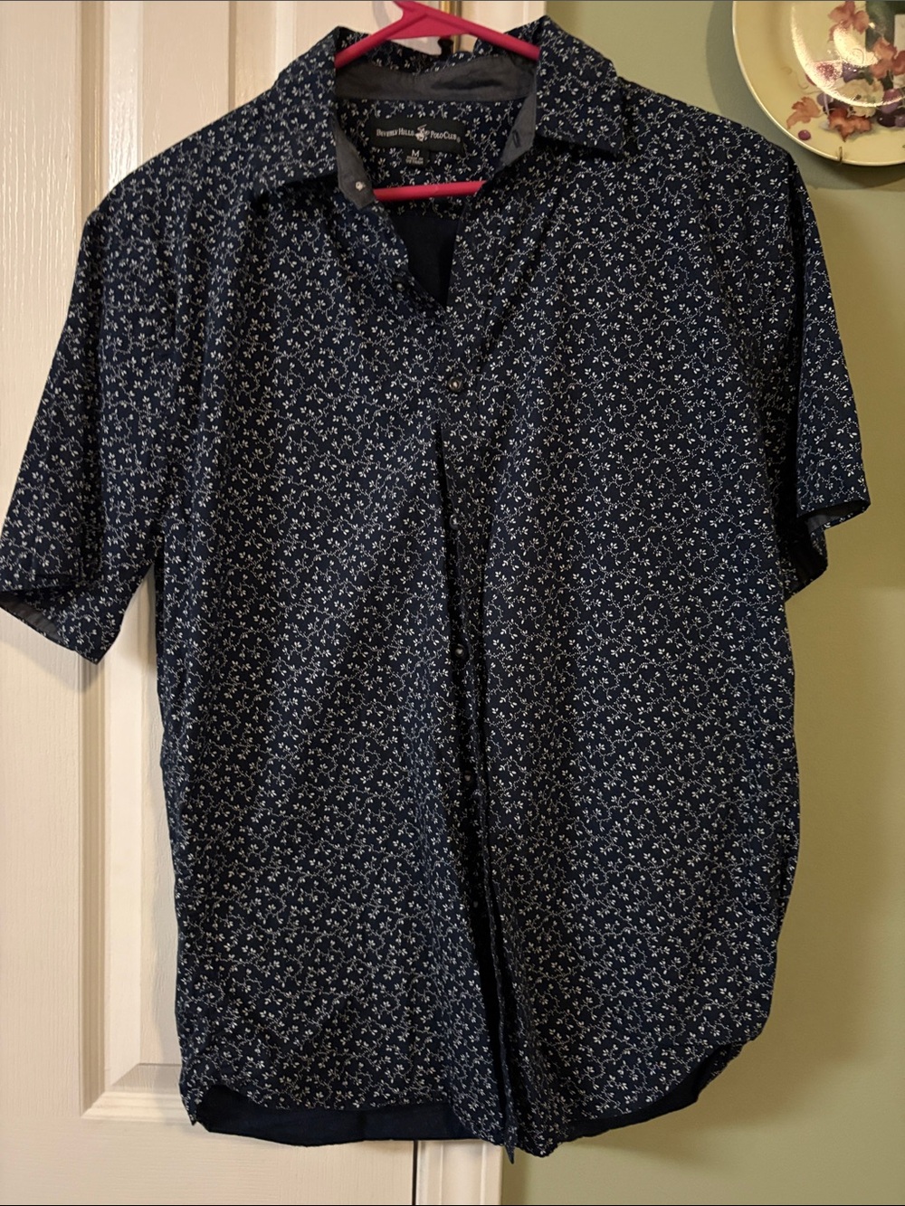 Beverly Hills Polo Club Navy Short Sleeve Button-Down with White Micro Print